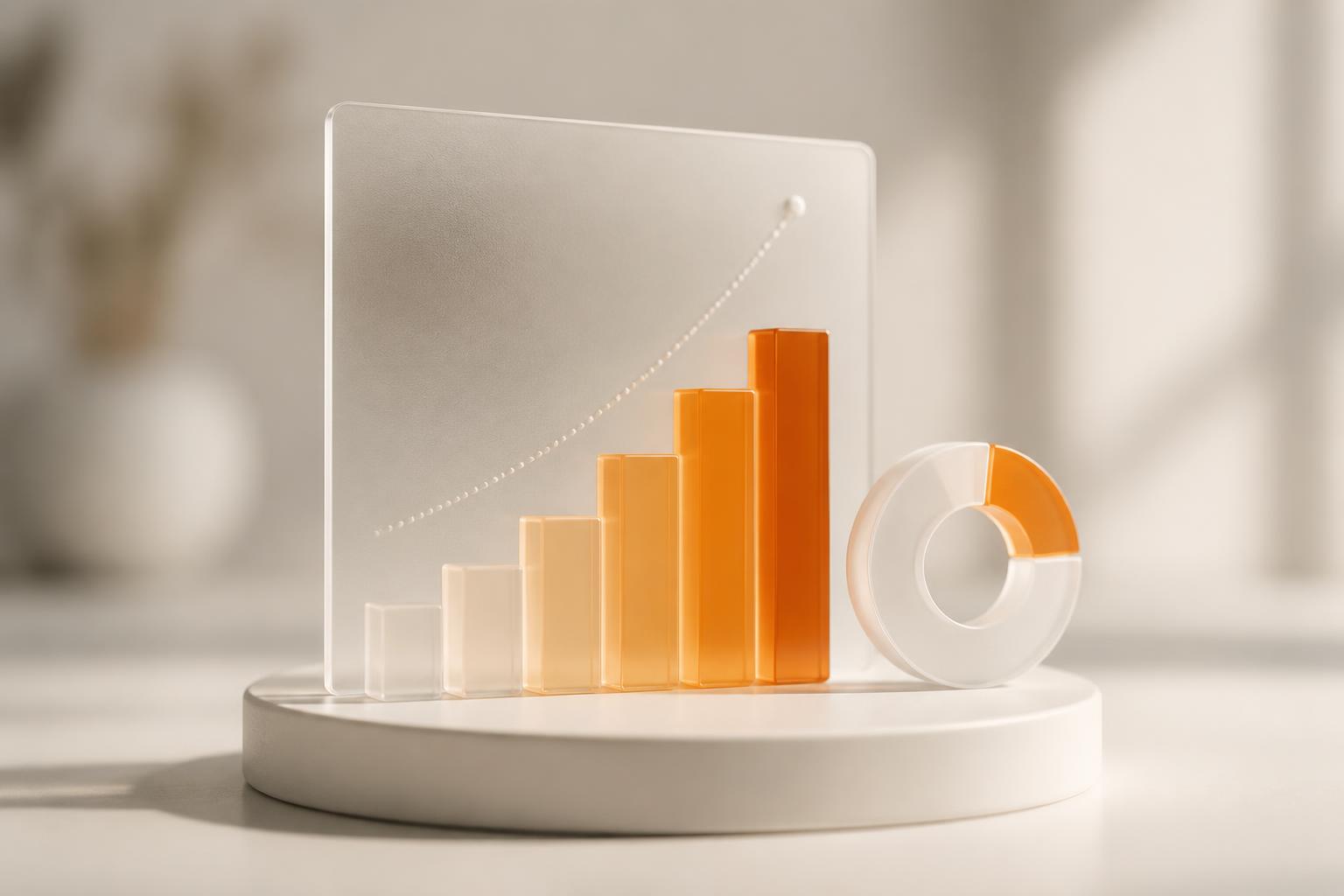 Frosted glass ascending bar chart with warm orange bars on a white pedestal