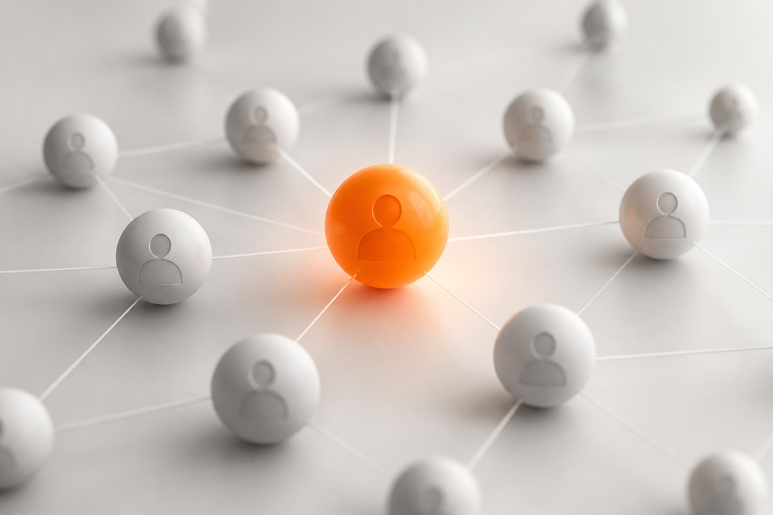 Three abstract spheres connected by warm orange arcs representing a trusted introduction