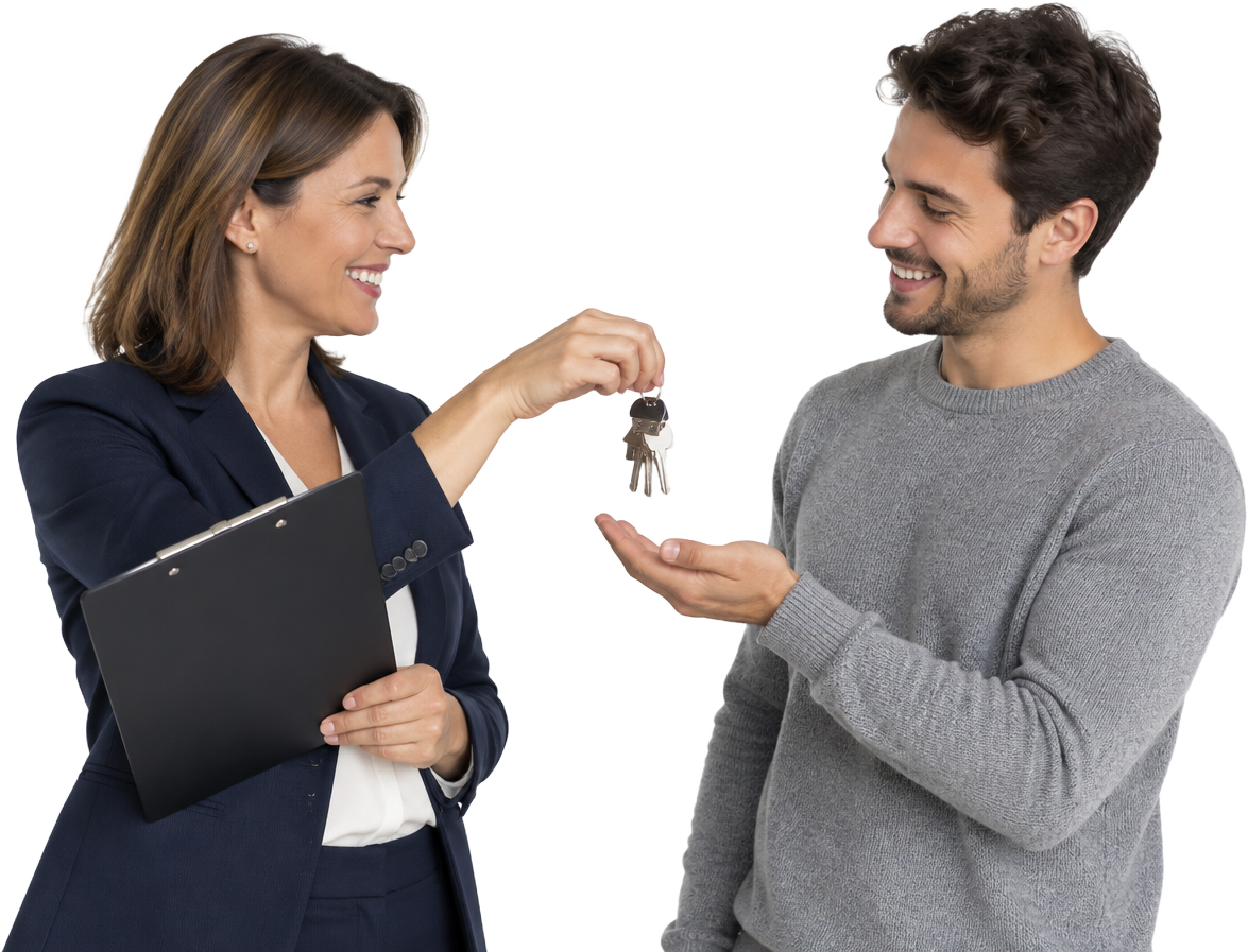 A real estate agent handing house keys to a happy buyer
