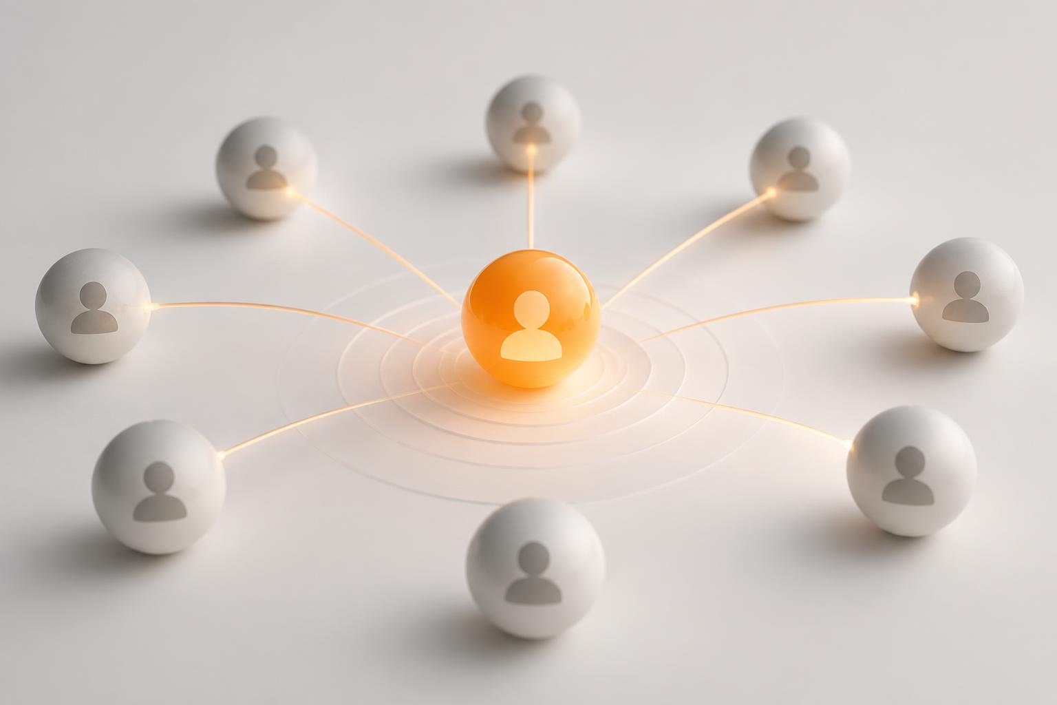 Central orange person sphere connected by soft orange arcs to surrounding grey spheres